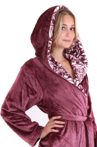 FLORA krátký župan s kapucí - Jemně vínová, vel. XXL, galerie